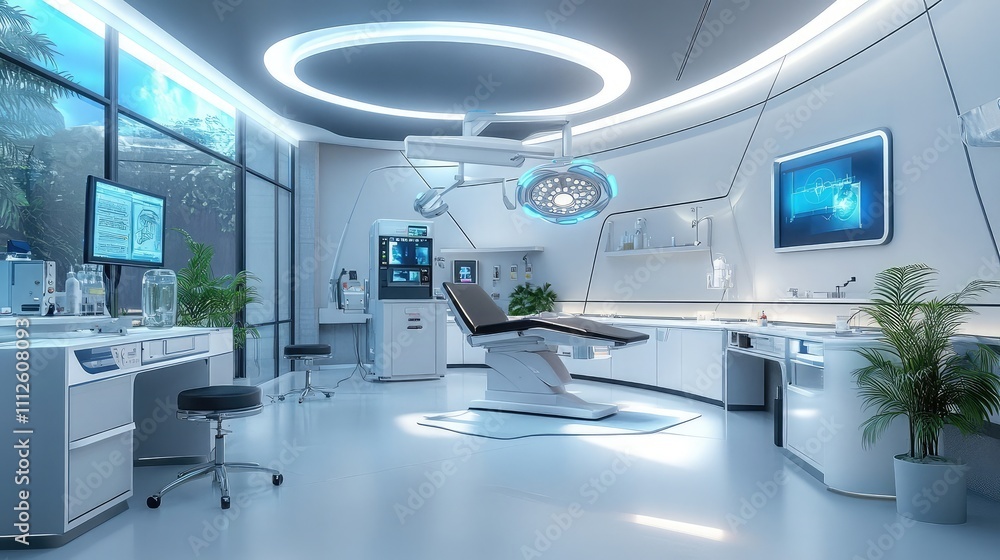 A modern surgical room with high-tech equipment and clean surfaces A modern surgical room with high-tech equipment and clean surfaces
