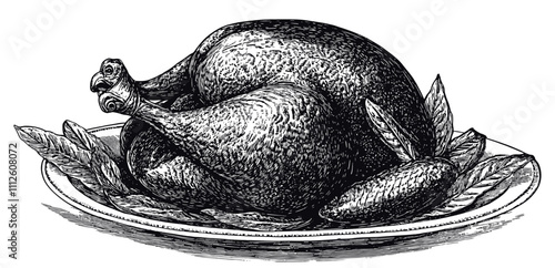 Turkey on a Plate Detailed Vintage Engraving Illustration on White Background with Intricate Texture Classic Thanksgiving Dinner Art Antique Style Roasted Bird Graphic Culinary