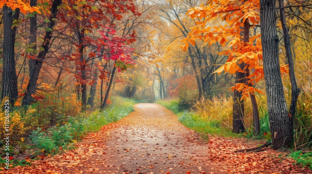 Autumn Path Through a Misty Forest Autumn Path Through a Misty Forest