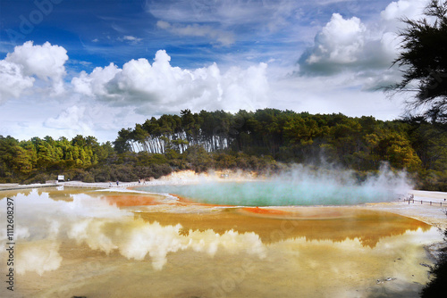 Rotorua, New Zealand. Champagne Pool with boiling water in volcanic crater lake. Geothermal park. photo