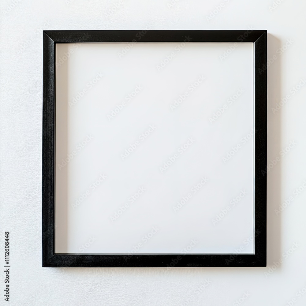 Black frame on white wall, minimalist design with ample empty space. Black frame on white wall, minimalist design with ample empty space.