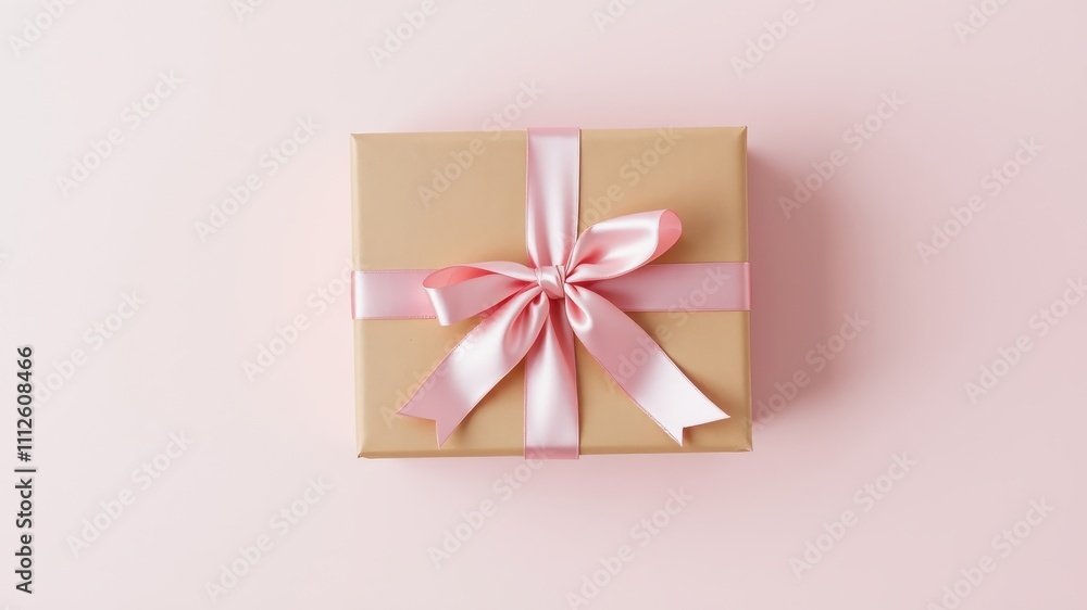 A simple brown gift box tied with a delicate pink satin bow on a light pink background. A simple brown gift box tied with a delicate pink satin bow on a light pink background.