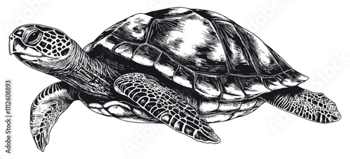 Turtle Detailed Vintage Engraving Illustration on White Background with Intricate Texture Classic Reptile Art Antique Style Wildlife Graphic Vintage Aquatic Animal Design