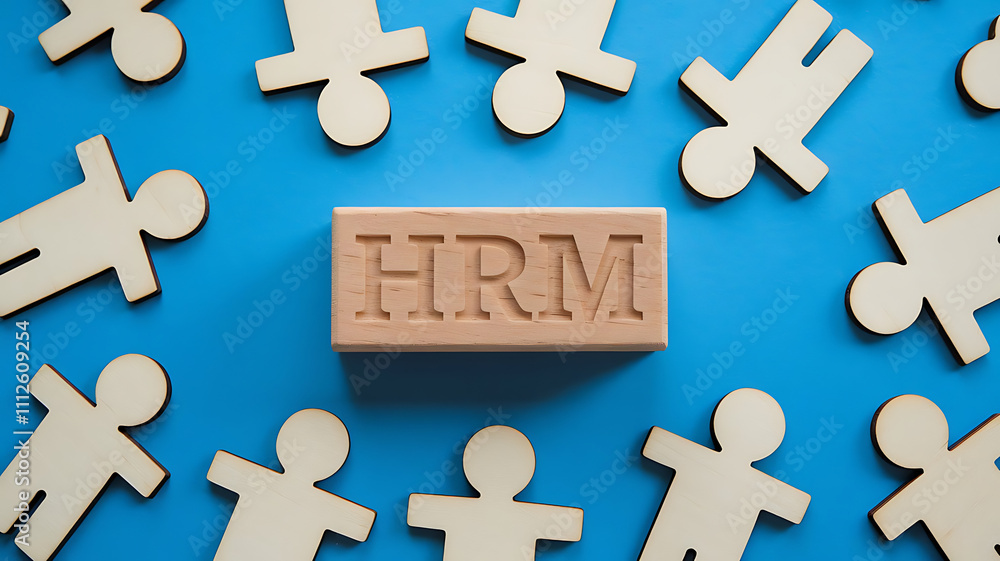 Obraz premium HRM: Human Resources Management, Employee Engagement, Recruitment, and Organizational Growth, human resources management concept. Wooden figures on the blue background, hrm copy space, hrm background