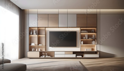 Sleek Modern Modular TV Unit with Adjustable Panels and Customizable Storage