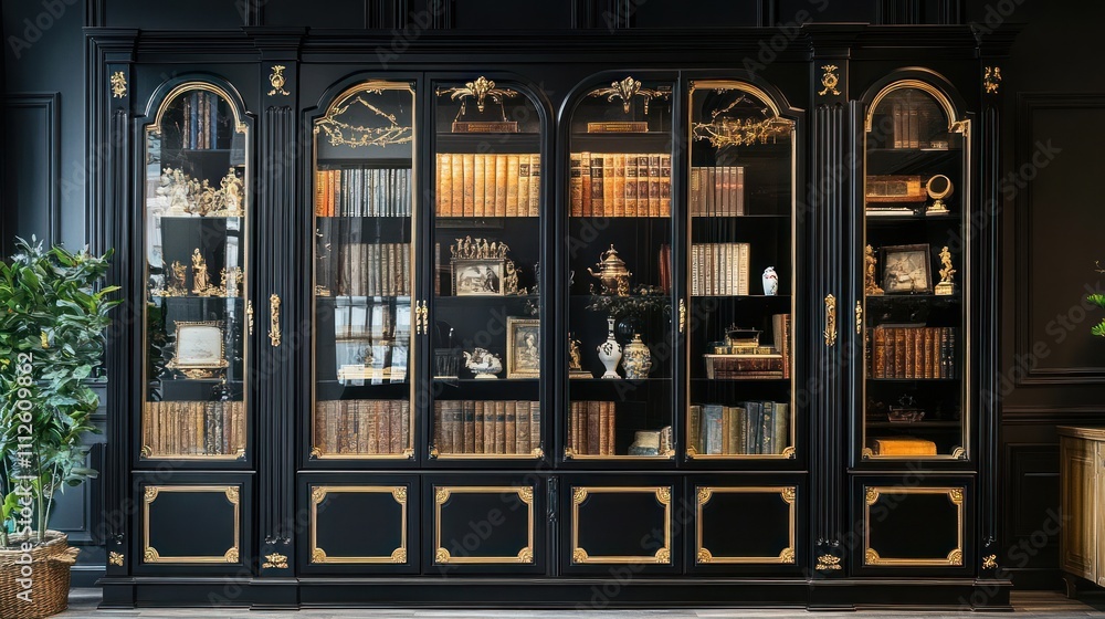 Elegant black bookcase with glass doors, gold trim, displaying books and collectibles. Elegant black bookcase with glass doors, gold trim, displaying books and collectibles.