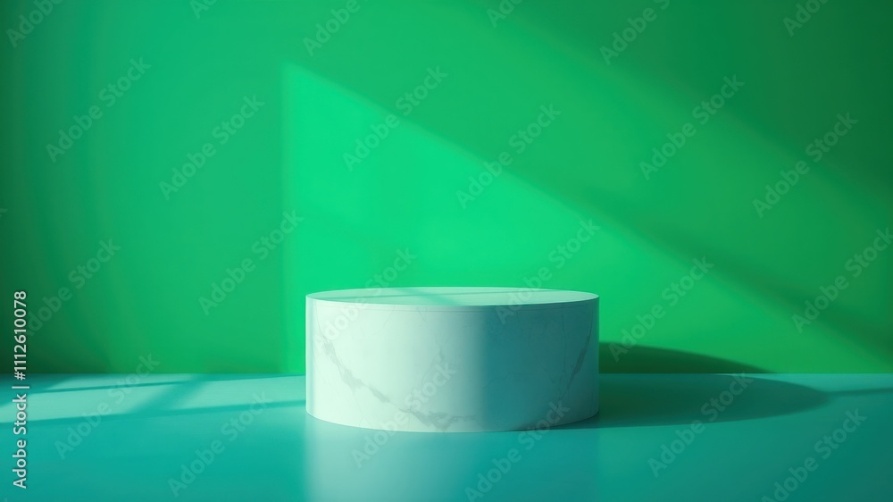 A minimalist marble cylinder podium on a green background with light streaming in from an unseen window. A minimalist marble cylinder podium on a green background with light streaming in from an unseen window.
