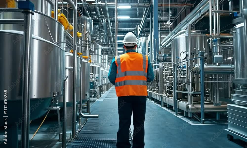 Industrial Worker Walking Through a Factory with Large Tanks Industrial Worker Walking Through a Factory with Large Tanks