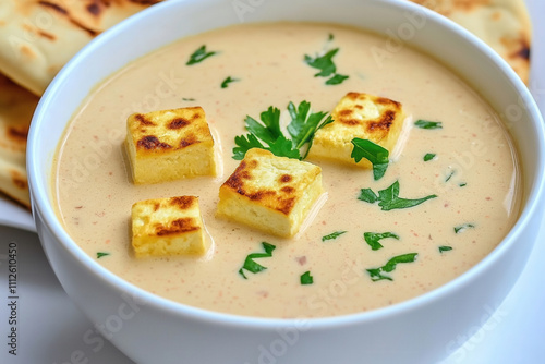 Minimalist photo of bowl of Indian paneer curry in creamy milk-based gravy, served with soft naan bread on the side. This dish bridges traditional, modern dairy recipes, celebrating culinary richness. photo