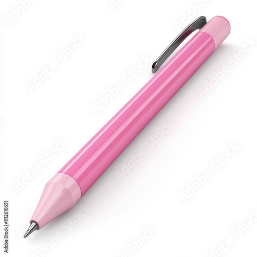 A stylish pink pen resting on a white surface, ideal for creative projects and writing, showcasing its sleek design.