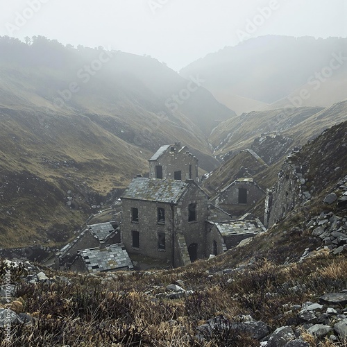 Abandoned stone structures at Wheal Francis Mine, brickwork, window frames, cornish architecture, metal fittings, wasteland photo