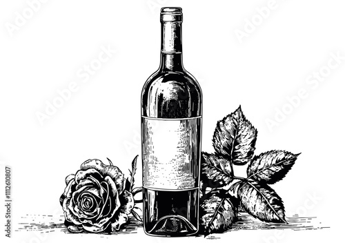 Wine Bottle and Rosebud Detailed Vintage Engraving Illustration on White Background with Intricate Texture Classic Beverage Art Antique Style Romantic Floral Graphic Vintage Wine