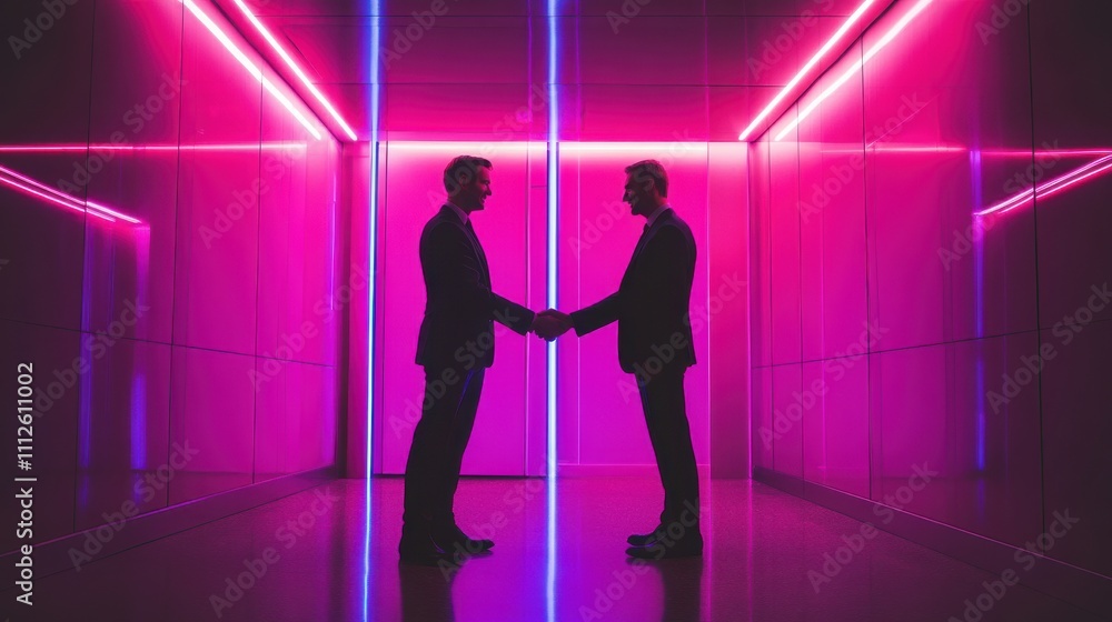 Futuristic Business Handshake in High-Tech Environment Futuristic Business Handshake in High-Tech Environment