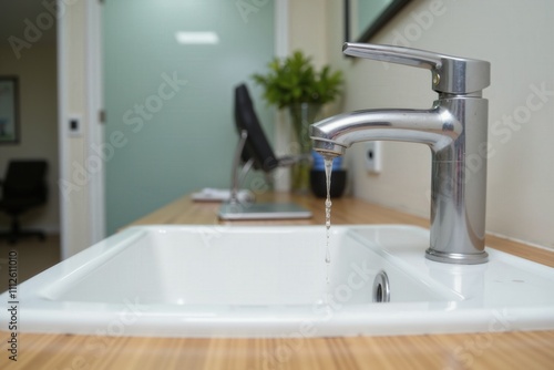 Modern office interior with dripping faucet in focus.