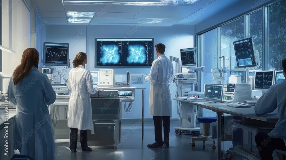 Εκτύπωση καμβά A sterile clinic featuring male and female doctors consulting with diagnostic mo