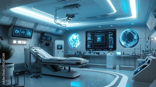 A sterile surgical room with robotic equipment and advanced monitors