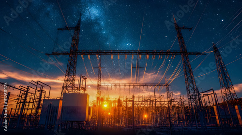 Majestic Sunset Over High Voltage Power Transmission Lines and Electric Substation Beneath Starry Night Sky