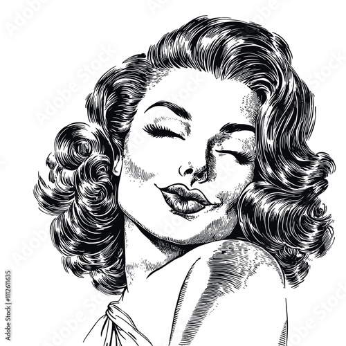Winking Hottie Detailed Vintage Engraving Illustration on White Background with Intricate Texture Classic Pin-Up Art Antique Style Playful Woman Graphic Vintage Flirtatious Design