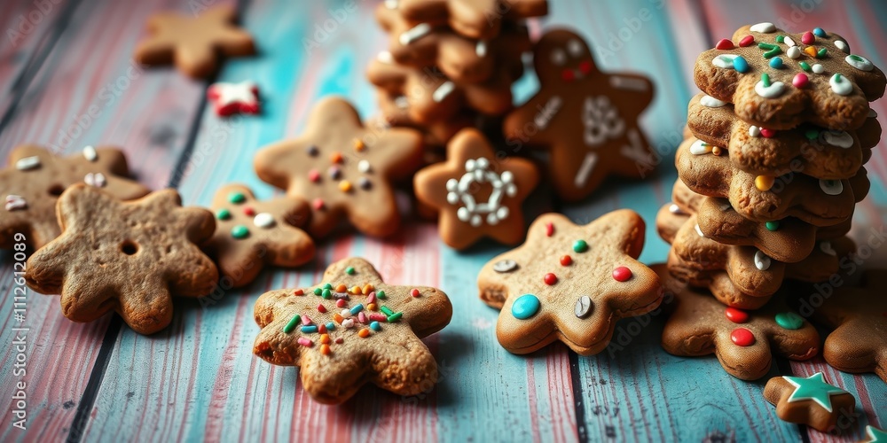 A festive array of gingerbread cookies, star-shaped and adorned with colorful sprinkles, rests on a weathered wooden surface, each cookie adding a touch of sweet delight to the holiday scene. A festive array of gingerbread cookies, star-shaped and adorned with colorful sprinkles, rests on a weathered wooden surface, each cookie adding a touch of sweet delight to the holiday scene.