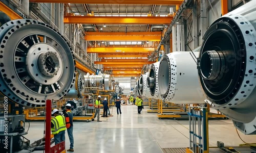 Assembly line of large turbine components in a factory