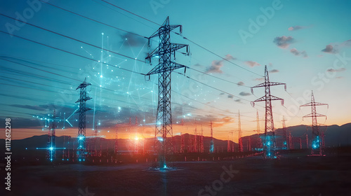 Modern Power Lines with Digital Overlay at Sunset, Illustrating Energy Innovation and Technology in Electrical Distribution Network