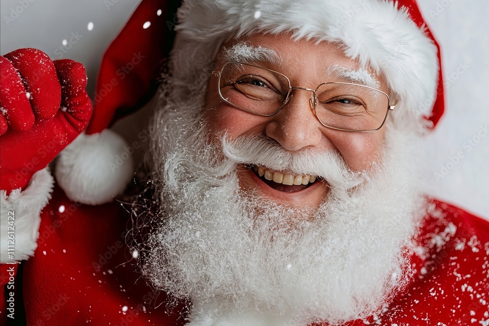 A man in a santa claus suit and glasses smiles at the camera A man in a santa claus suit and glasses smiles at the camera