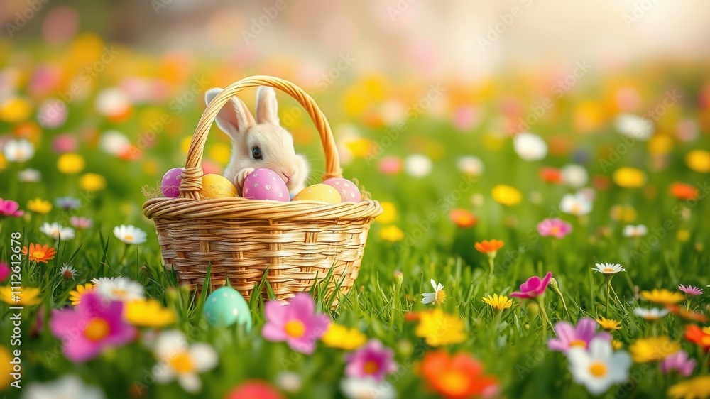 A sweet baby bunny nestled in a basket full of colorful Easter eggs surrounded by blooming wildflowers in a lush green meadow. A sweet baby bunny nestled in a basket full of colorful Easter eggs surrounded by blooming wildflowers in a lush green meadow.