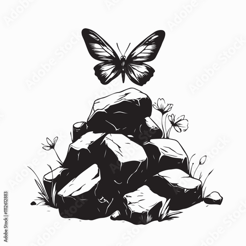 Vector Illustration of a Butterfly Landing on a Pile of Black and White Stones