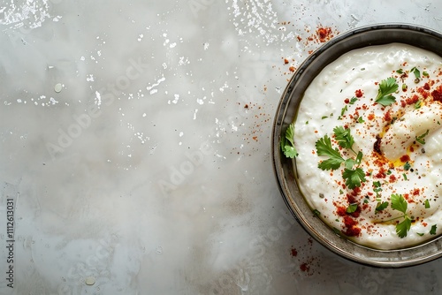 A serving of dahi bhalla with yogurt and spices, on a neutral background with ample copy space photo