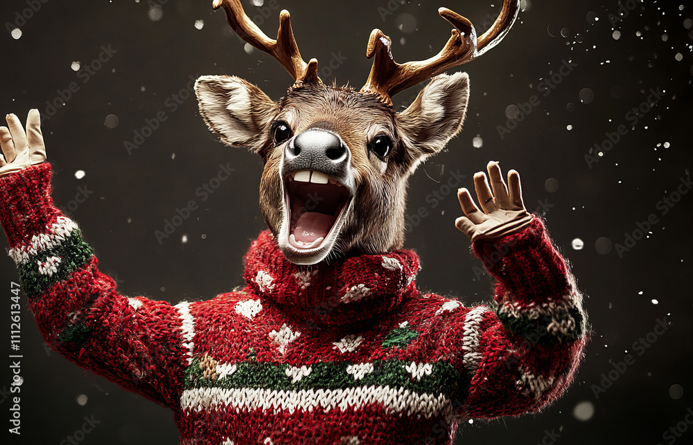 reindeer dressed in christmas look, in a good mood, laughing, reindeer dressed in christmas look, in a good mood, laughing,