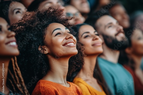 Diverse happy people of different ethnicities looking up with hope