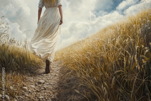 Female in a white dress walking on a path through a grain field