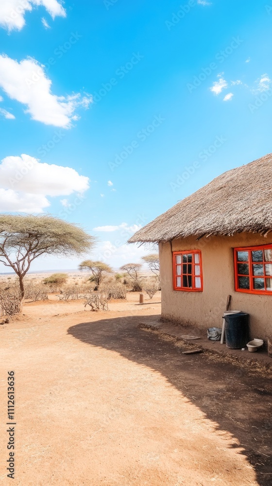 Simple house in an African village reflects daily life under a bright blue sky Simple house in an African village reflects daily life under a bright blue sky