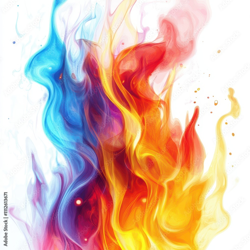 Multi-color flames, vibrant patterns, white background, modern abstract fire illustration. Multi-color flames, vibrant patterns, white background, modern abstract fire illustration.