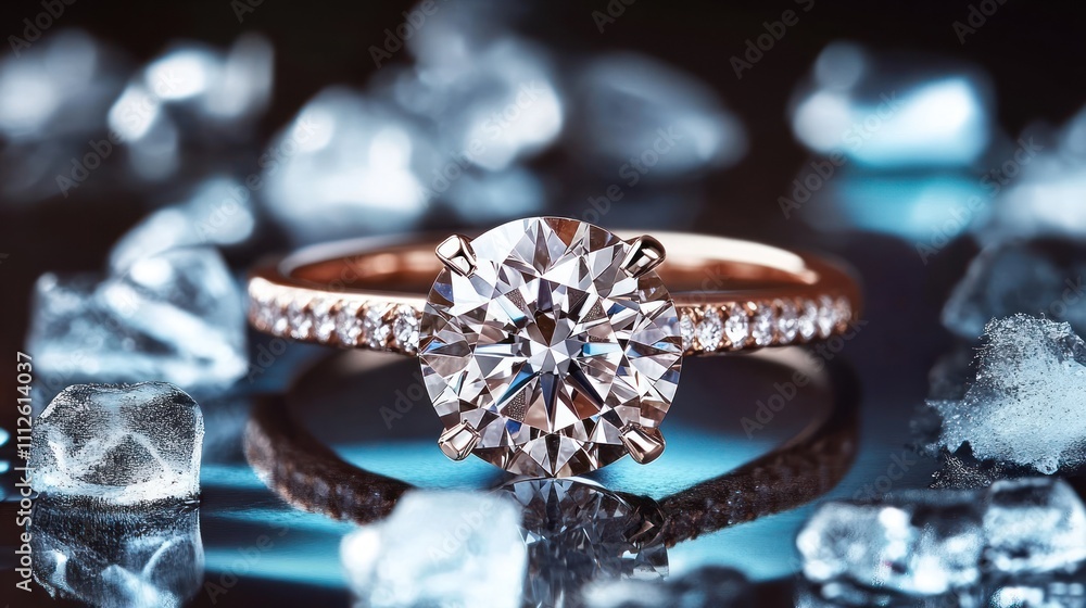 A sparkling diamond engagement ring on a bed of crystals. A sparkling diamond engagement ring on a bed of crystals.