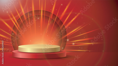 Red podium background. Empty golden pedestal for product presentation. Showcase and showroom template. Stage for exhibition. Advertising and Marketing on internet. 3D vector illustration