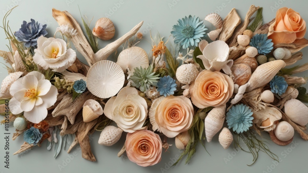 Fototapeta premium Coastal Floral Arrangement with Driftwood, Shells, and Pastel Roses