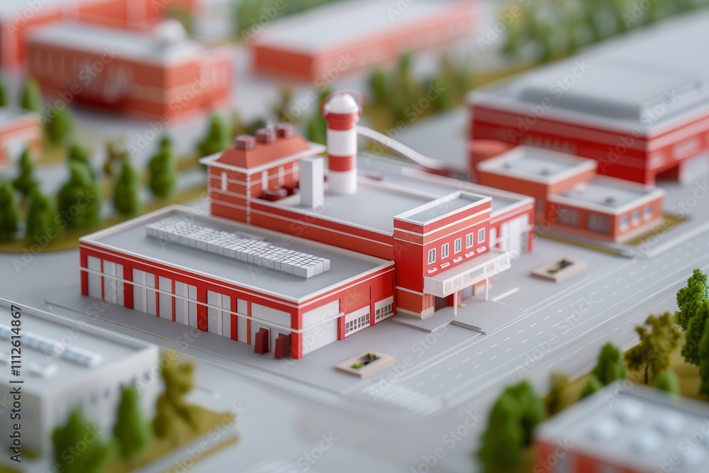 Fire alarms trigger evacuation response. Model of a factory complex with greenery. Fire alarms trigger evacuation response. Model of a factory complex with greenery.