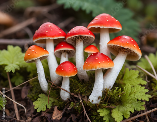 Red and orange mushrooms in mossy forest photo