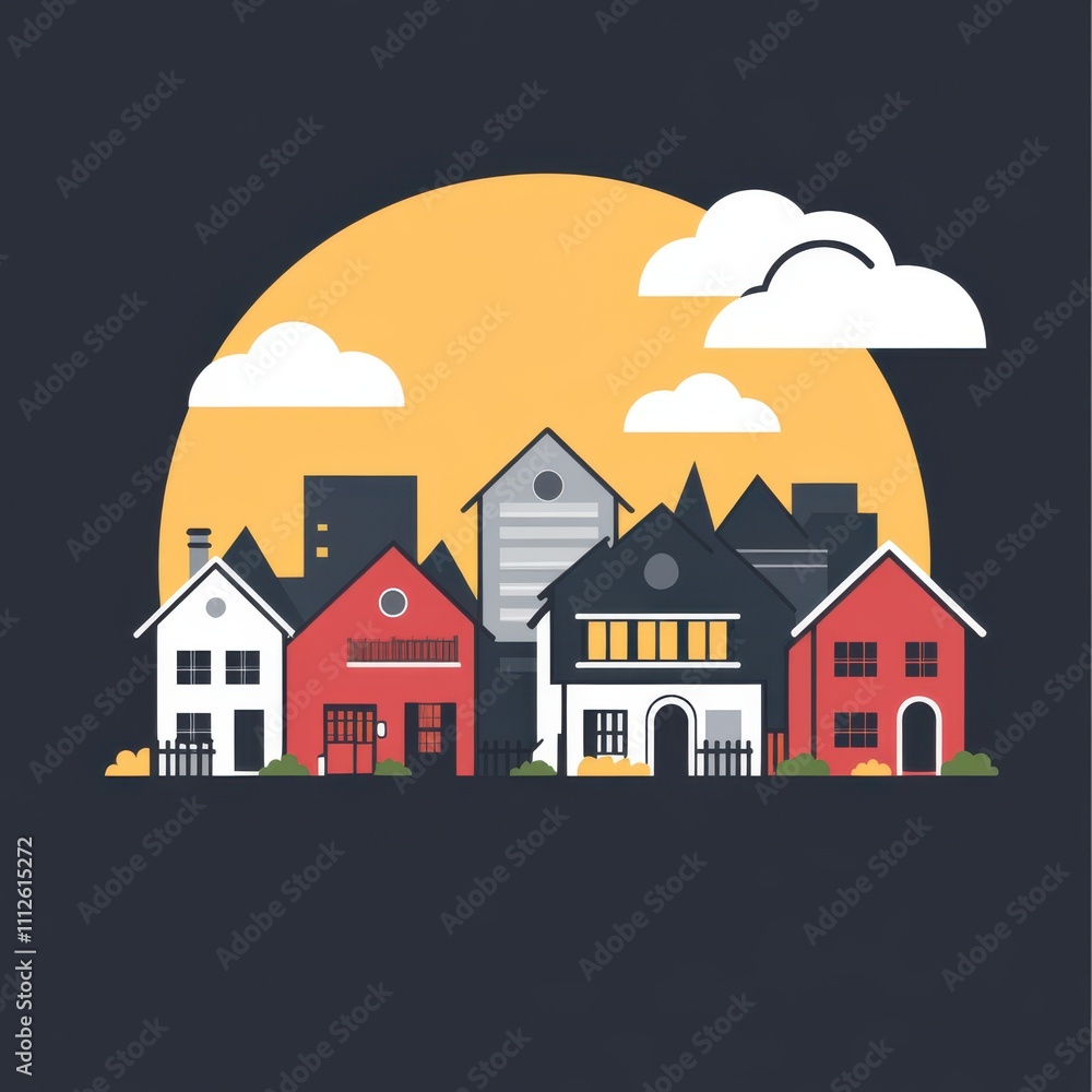 Naklejka premium Colorful houses with a bright sun and clouds in a minimalist design, perfect for home and urban themes.