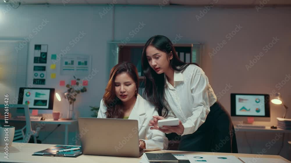 Two young businesswomen are working late at the office. One is sitting at a desk using a laptop while the other stands beside her, using a calculator and reviewing paperwork Two young businesswomen are working late at the office. One is sitting at a desk using a laptop while the other stands beside her, using a calculator and reviewing paperwork