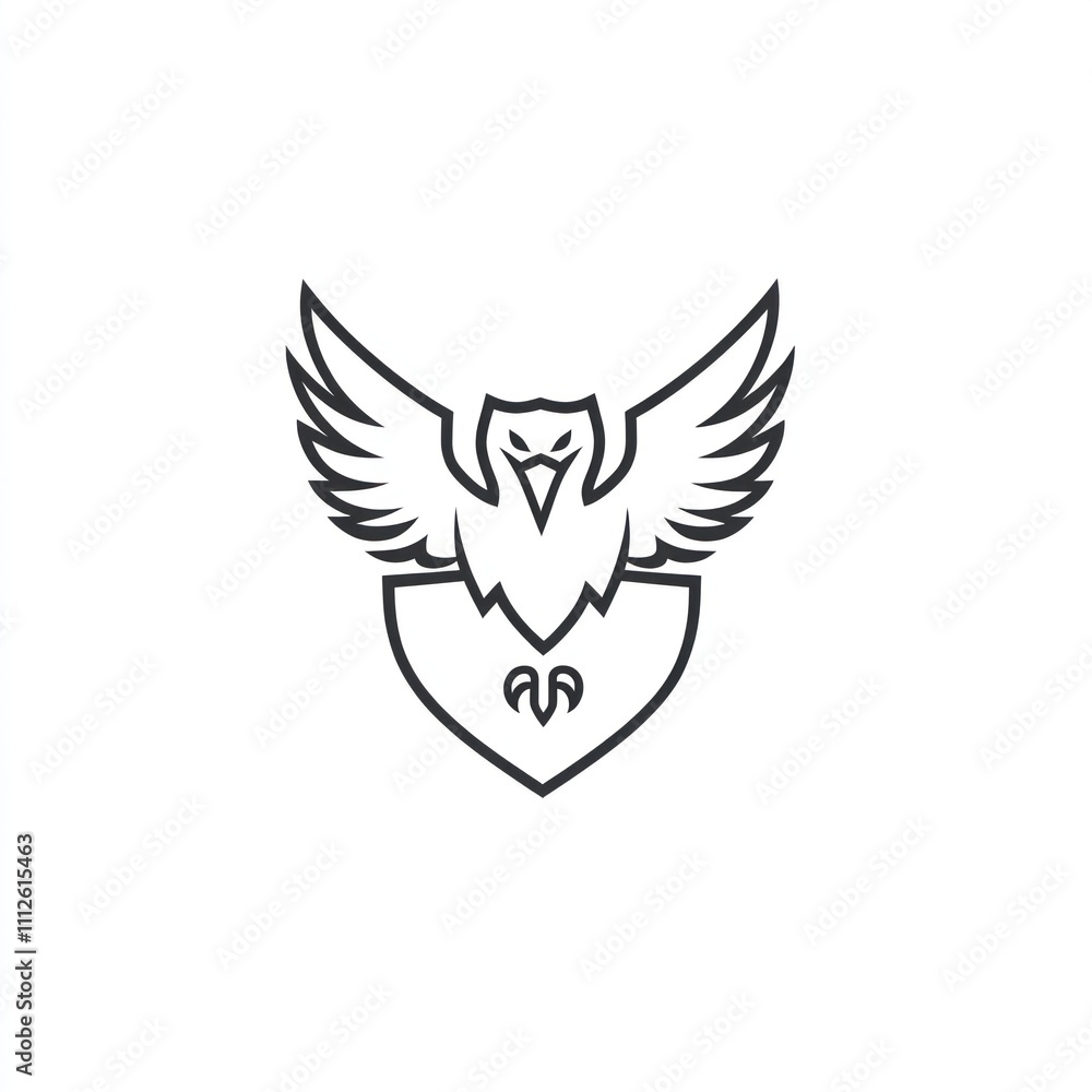 Fototapeta premium A fierce eagle perched on a shield, a minimalist line art emblem.
