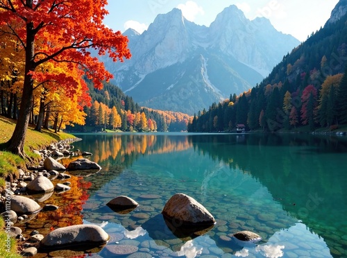 Autumn Dolomites Lake Ghedina Scenic View, South Tyrol Italy photo