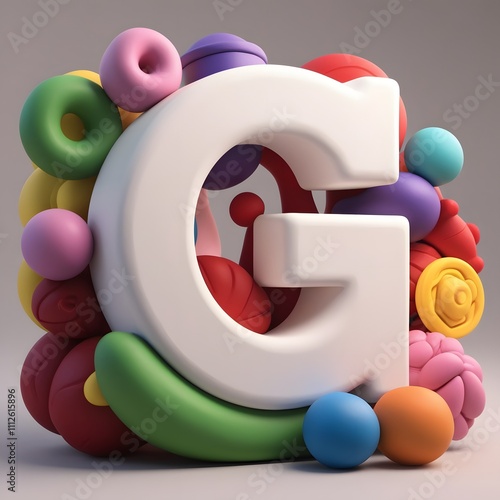 3D Render of Letter 'G' Surrounded by Playful Objects in Soft CGI Clay Style photo