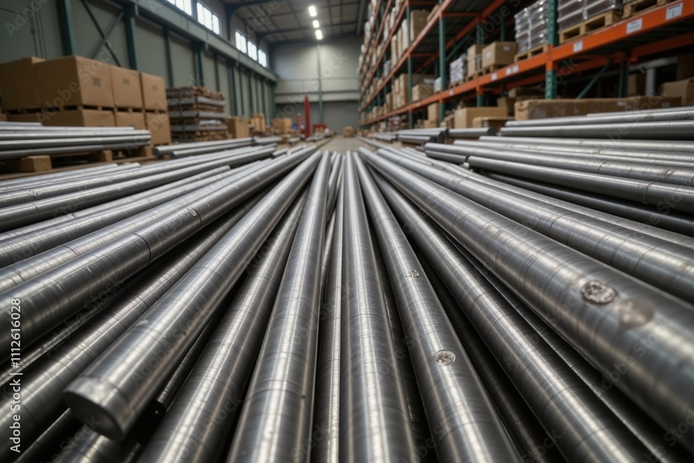 Industrial steel pipes in warehouse setting - rows of shiny metal tubes stacked for manufacturing and construction. Industrial steel pipes in warehouse setting - rows of shiny metal tubes stacked for manufacturing and construction.
