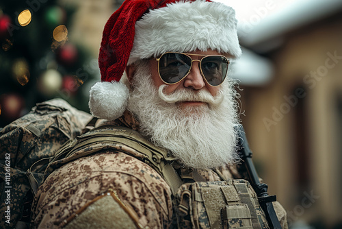 Santa Claus in Tactical Gear with Sunglasses and Festive Backdrop
