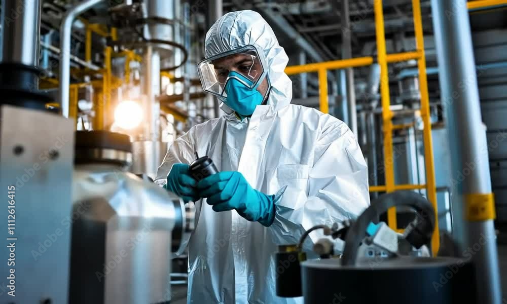 A worker in a white hazmat suit and respirator mask inspects a machine in a factory. A worker in a white hazmat suit and respirator mask inspects a machine in a factory.