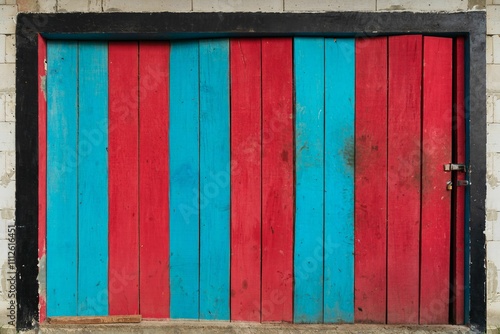 Rustic wooden door with red and turquoise stripes photo