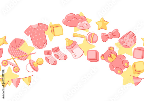 Baby shower pattern. New born baby girl Happy Birthday