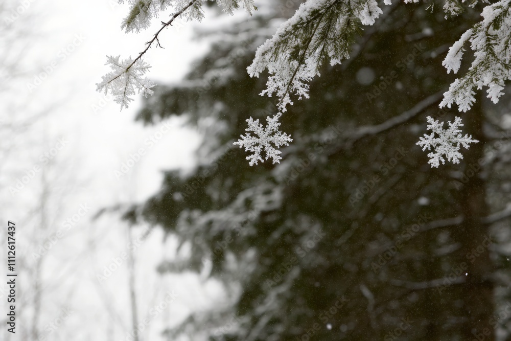 Close-Up of Snowflake on Evergreen Branch in Winter Scene Close-Up of Snowflake on Evergreen Branch in Winter Scene